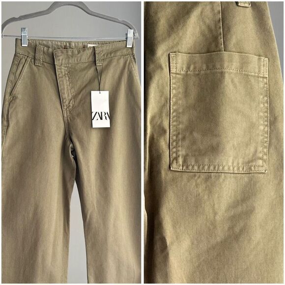 NWT ZARA WRAP CHINO PANTS ZW COLLECTION KHAKI GREEN XS - Picture 4 of 15